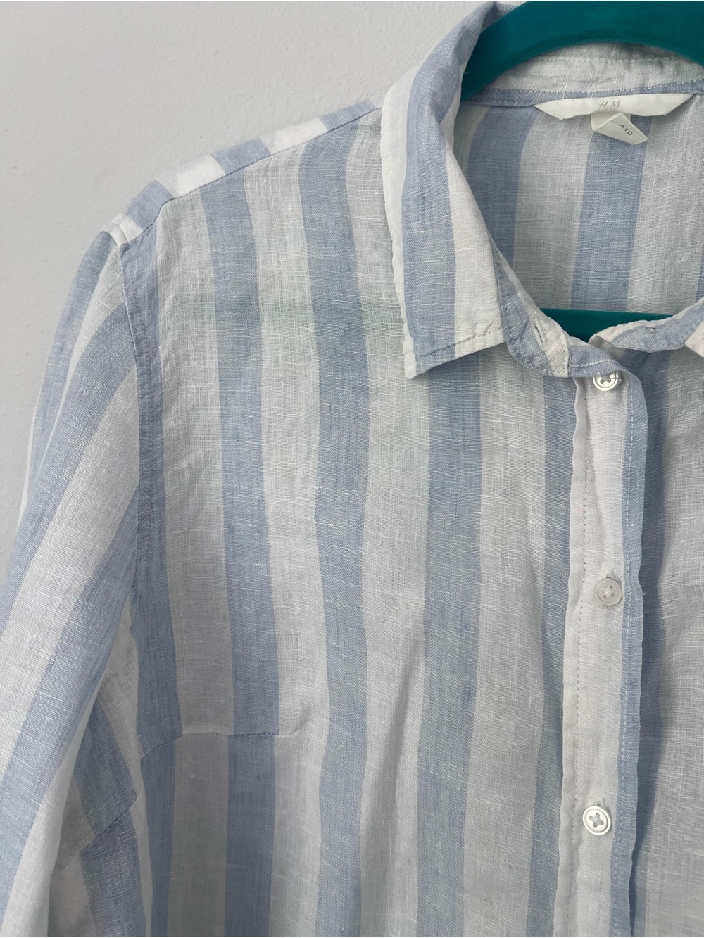 H&M 100% Linen Blue & White Striped Button Down Shirt Size L - Picture 2 of 4
